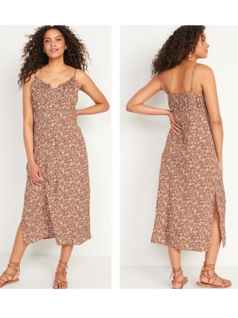 Floral Spaghetti-Strap Midi Dress in Brown